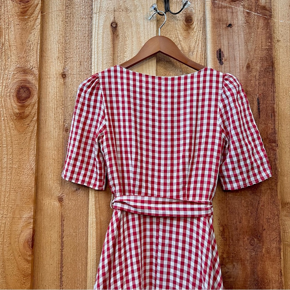 Red Gingham Plaid Button-Up Short-sleeve Midi Dress 🌿 - Picture 9 of 12
